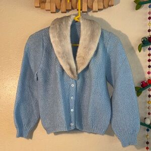 VINTAGE union made ILGWU baby blue lambswool cardigan real rabbit fur